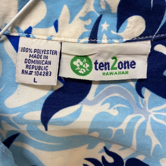 Ten Zone Hawaiian Mens Blue White Floral Tribal Button Down Shirt Large - Picture 2 of 7
